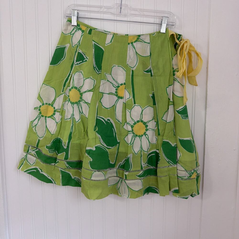 Lilly Pulitzer Preowned Cotton Flowered Wrap Skirt Green/White/Yellow Lined Sz 4